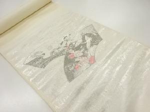 アンティーク　波車に花鳥模様名古屋帯地反物